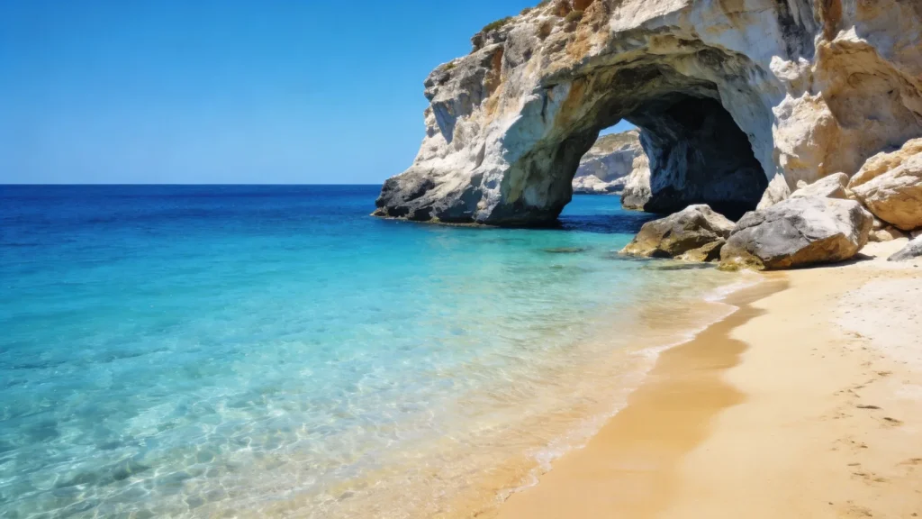 Kristálytiszta türkiz víz és mészkő sziklaív homokos strandnál Ayia Napán