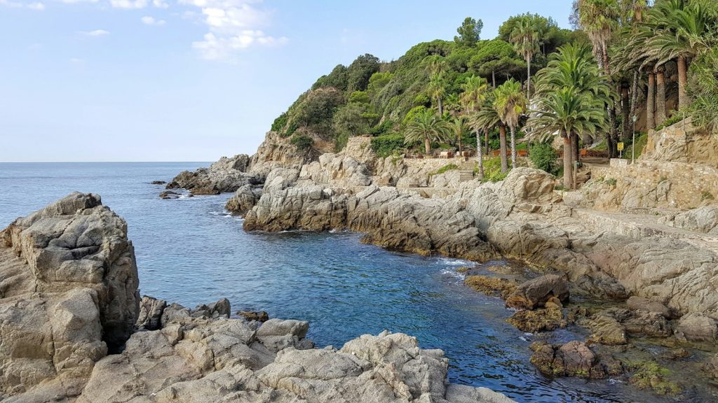 Sziklás part, pálmák és kék tenger Lloret de Mar mellett, a Costa Braván