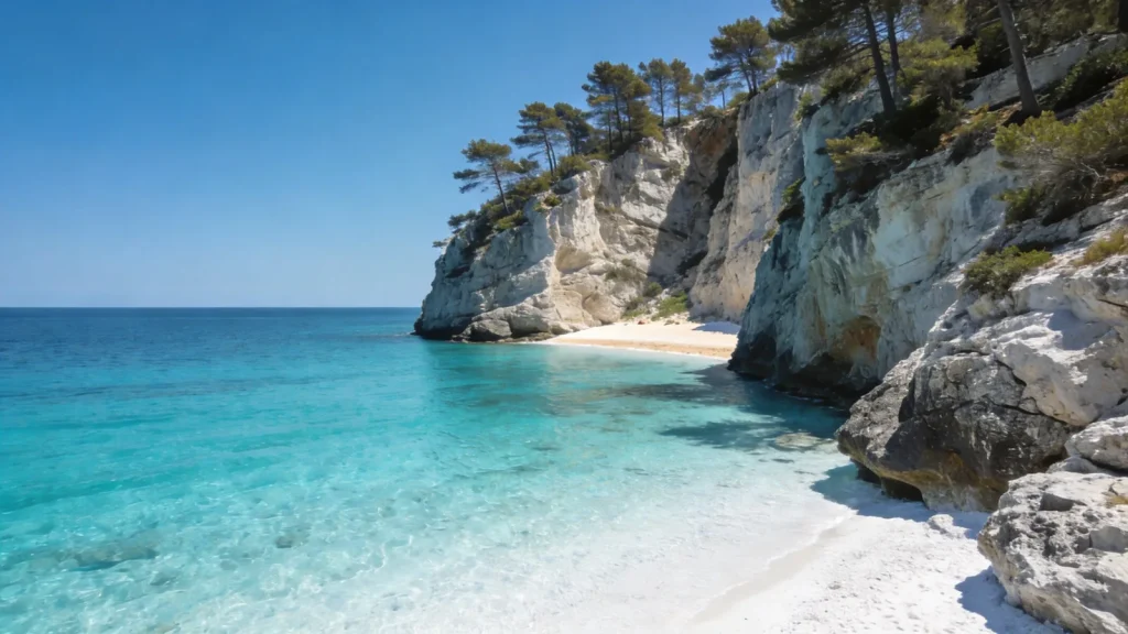 Türkizkék víz és fenyves fehér mészkősziklák egy mallorcai öbölben
